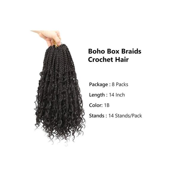 8 Packs  Boho Box Braids Crochet Hair With Curly Ends 14 Inch #1b  FR8 - Picture 9 of 9
